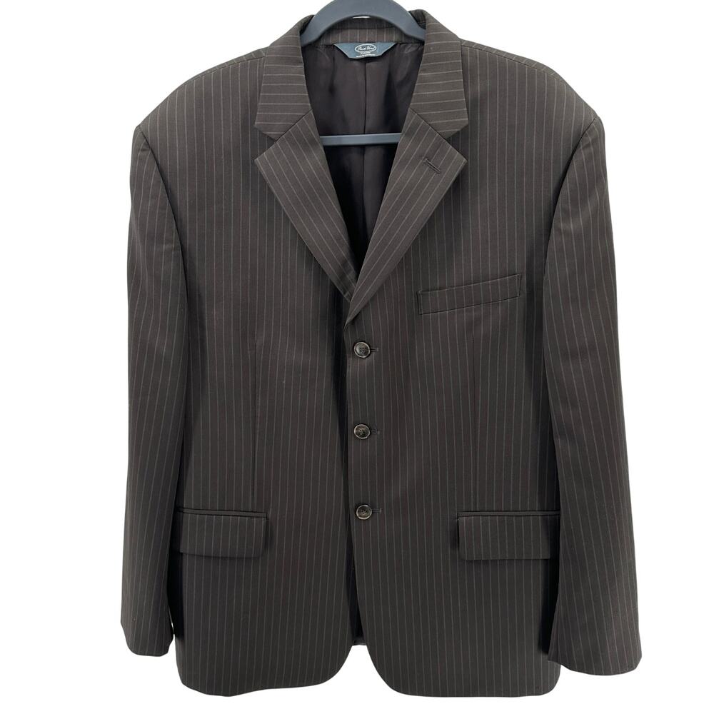 Pronto Uomo Wool Suit Blazer Mens 44S Brown Pinstriped Vented Back Shoulder Pads